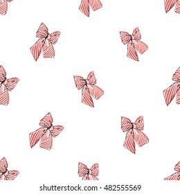 Seamless pattern background with red stripped bow. Vector backdrop for holiday decorating greeting cards for wedding, bridal, birthday, Valentine's day, new year, Christmas.