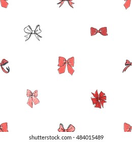 Seamless pattern background with red stripped and dotted bows. Vector backdrop for holiday decorating greeting cards for wedding, bridal, birthday, Valentine's day, new year, Christmas.