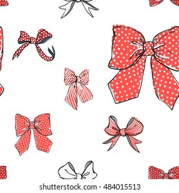 Seamless pattern background with red stripped and dotted bows. Vector backdrop for holiday decorating greeting cards for wedding, bridal, birthday, Valentine's day, new year, Christmas.