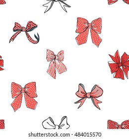 Seamless pattern background with red stripped and dotted bows. Vector backdrop for holiday decorating greeting cards for wedding, bridal, birthday, Valentine's day, new year, Christmas.