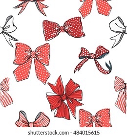 Seamless pattern background with red stripped and dotted bows. Vector backdrop for holiday decorating greeting cards for wedding, bridal, birthday, Valentine's day, new year, Christmas.