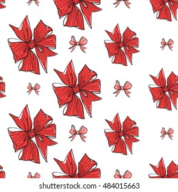 Seamless pattern background with red stripped bow. Vector backdrop for holiday decorating greeting cards for wedding, bridal, birthday, Valentine's day, new year, Christmas.