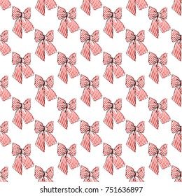 Seamless pattern background with red stripped bow. Vector backdrop for holiday decorating greeting cards for wedding, bridal, birthday, Valentine's day, new year, Christmas.