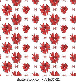 Seamless pattern background with red stripped bows. Vector backdrop for holiday decorating greeting cards for wedding, bridal, birthday, Valentine's day, new year, Christmas.