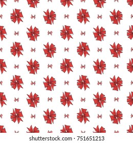 Seamless pattern background with red stripped bow and small red stripped bow. Vector backdrop for holiday decorating greeting cards for wedding, bridal, birthday, Valentine's day, new year, Christmas.