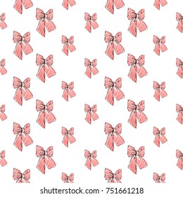 Seamless pattern background with red stripped bow. Vector backdrop for holiday decorating greeting cards for wedding, bridal, birthday, Valentine's day, new year, Christmas.