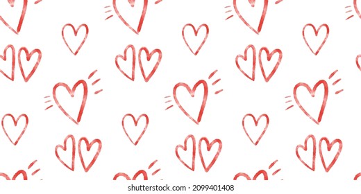 Seamless pattern background with red watercolor smoke textured outlined vector heart doodles on white backdrop. Romantic wallpaper, textile design for Valentines day, wedding invitation