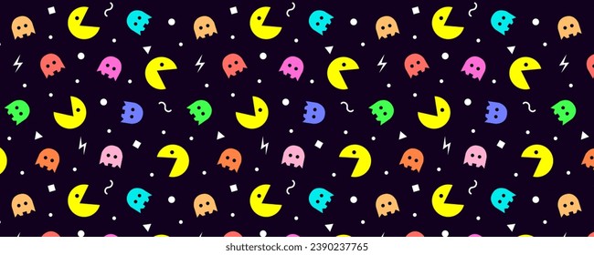 seamless pattern background repeat millennium retro vintage video game elements icons logo purple wrap packaging label children child console joystick color design texture textile clothing bed