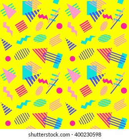 Seamless Pattern background in retro 80s geometric style for fabric print, paper print and website backdrop, vector illustration.