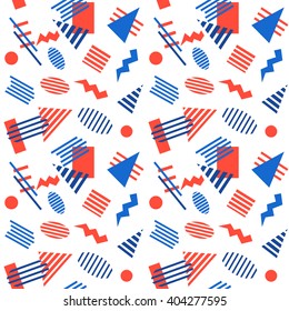 Seamless Pattern background in retro 80s geometric style for fabric print, paper print and website backdrop, vector illustration.