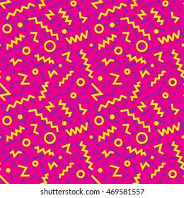 Seamless Pattern background in retro 80s, 90s geometric memphis  style for fabric print, paper print and website backdrop, trendy vector illustration.