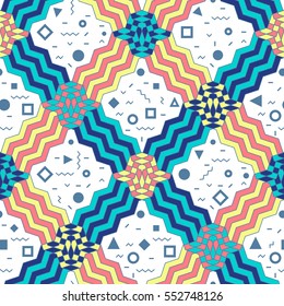 Seamless pattern background in retro geometric style for fabric print, paper print and website backdrop, vector illustration