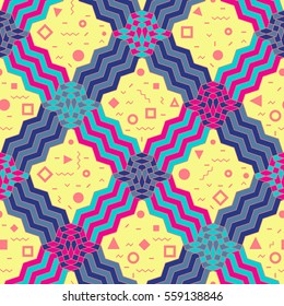 Seamless pattern background in retro geometric style for fabric print, paper print and website backdrop, vector illustration