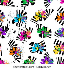 seamless pattern background, retro/vintage style, with stripes, flowers, strokes and splashes, black and white