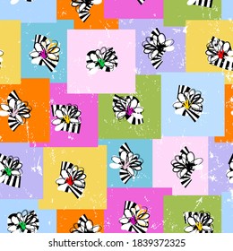 seamless pattern background, retro/vintage style, with flowers, squares, paint strokes and splashes