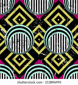 seamless pattern background, retro/vintage style, with circles, stripes and squares, grungy