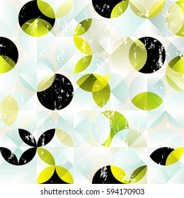 seamless pattern background, retro/vintage style, with circles, squares, strokes and splashes