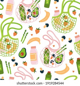 Seamless pattern background with reusable net bags and groceries. Eco-friendly shopping tote bags. Zero waste concept. Hand drawn vector illustration.