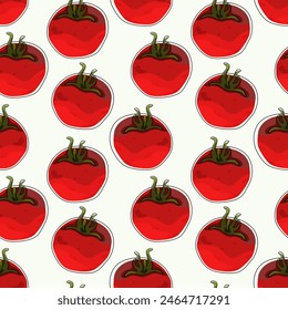 Seamless pattern, background with ripe red juicy tomatoes. Red tomato, cherry tomato. For textiles, illustrations, packaging paper, printing about natural vitamins, healthy eating, immunity