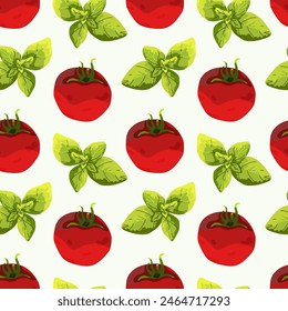 Seamless pattern, background with ripe red juicy tomatoes and basil leaves. Red tomato, cherry tomato. Basil. For textiles, illustrations, packaging paper, printing about natural vitamins, healthy eat