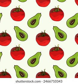 Seamless pattern, background with ripe red juicy tomatoes and avocado. Cherry tomato. For textiles, illustrations, packaging paper, printing about natural vitamins, healthy eating, immunity