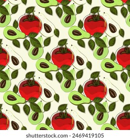 Seamless pattern, background with ripe red juicy tomatoes and avocado. Cherry tomato. For textiles, illustrations, packaging paper, printing about natural vitamins, healthy eating, immunity