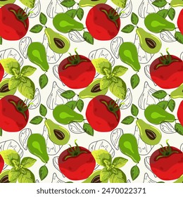 Seamless pattern, background with ripe red juicy tomatoes, avocado and basil.Cherry tomatoes.Basil.For textiles, illustrations, packaging paper,printing about natural vitamins,healthy eating,immunity