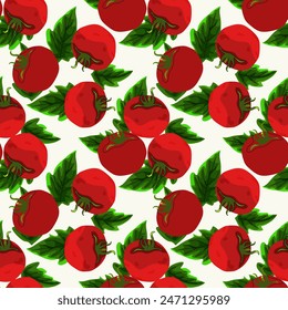 Seamless pattern, background with ripe red juicy tomatoes. Red tomato, cherry tomato. For textiles, illustrations, packaging paper, printing about natural vitamins, healthy eating, immunity