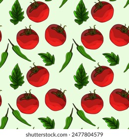 Patrón sin costuras, fondo con tomates maduros y chiles verdes. Jalapena. Dibujado a mano estilo garabato. Para textiles, ilustraciones, papel de embalaje, impresión sobre vitaminas naturales y alimentación saludable