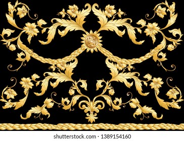 Seamless pattern, background In baroque, rococo, victorian, renaissance style. Trendy frolar vintage pattern.  In gold and black vector illustration.
