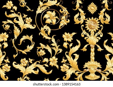 Seamless pattern, background In baroque, rococo, victorian, renaissance style. Trendy frolar vintage pattern.  In gold and black vector illustration.
