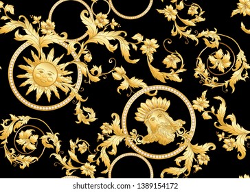 Seamless pattern, background In baroque, rococo, victorian, renaissance style. Trendy frolar vintage pattern.  In gold and black vector illustration.
