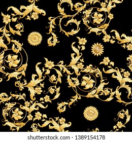 Seamless pattern, background In baroque, rococo, victorian, renaissance style. Trendy frolar vintage pattern.  In gold and black vector illustration.
