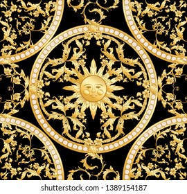 Seamless pattern, background In baroque, rococo, victorian, renaissance style. Trendy frolar vintage pattern.  In gold and black vector illustration.
