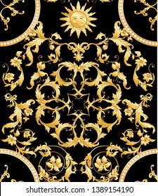 Seamless pattern, background In baroque, rococo, victorian, renaissance style. Trendy frolar vintage pattern.  In gold and black vector illustration.
