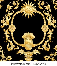 Seamless pattern, background In baroque, rococo, victorian, renaissance style. Trendy frolar vintage pattern.  In gold and black vector illustration.
