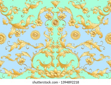 Seamless pattern, background In baroque, rococo, victorian, renaissance style. Trendy frolar vintage pattern.  Vector illustration in gold,  and pastel blue, green colors.
