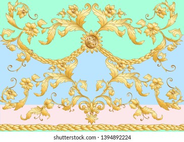 Seamless pattern, background In baroque, rococo, victorian, renaissance style. Trendy frolar vintage pattern.  Vector illustration in gold,  and pastel blue, green colors.
