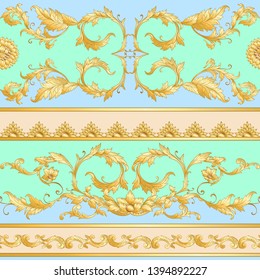 Seamless pattern, background In baroque, rococo, victorian, renaissance style. Trendy frolar vintage pattern.  Vector illustration in gold,  and pastel blue, green colors.
