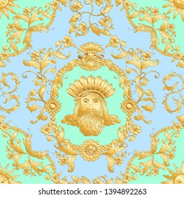 Seamless pattern, background In baroque, rococo, victorian, renaissance style. Trendy frolar vintage pattern.  Vector illustration in gold,  and pastel blue, green colors.
