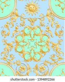 Seamless pattern, background In baroque, rococo, victorian, renaissance style. Trendy frolar vintage pattern.  Vector illustration in gold,  and pastel blue, green colors.
