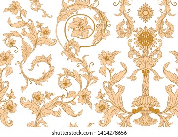 Seamless pattern, background In baroque, rococo, victorian, renaissance style. Trendy frolar vintage pattern.  Colored vector illustration.
