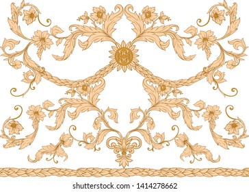 Seamless pattern, background In baroque, rococo, victorian, renaissance style. Trendy frolar vintage pattern.  Colored vector illustration.
