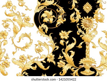 Seamless pattern, background In baroque, rococo, victorian, renaissance style. Trendy frolar vintage pattern.  Vector illustration in gold, black and white colors.
