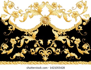 Seamless pattern, background In baroque, rococo, victorian, renaissance style. Trendy frolar vintage pattern.  Vector illustration in gold, black and white colors.
