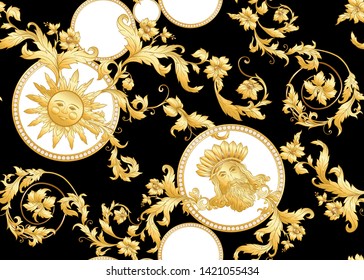 Seamless pattern, background In baroque, rococo, victorian, renaissance style. Trendy frolar vintage pattern.  Vector illustration in gold, black and white colors.
