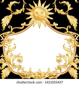 Seamless pattern, background In baroque, rococo, victorian, renaissance style. Trendy frolar vintage pattern.  Vector illustration in gold, black and white colors.
