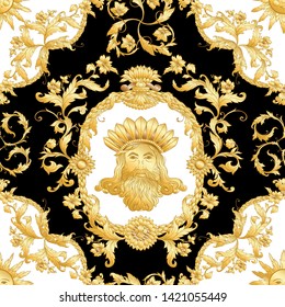 Seamless pattern, background In baroque, rococo, victorian, renaissance style. Trendy frolar vintage pattern.  Vector illustration in gold, black and white colors.
