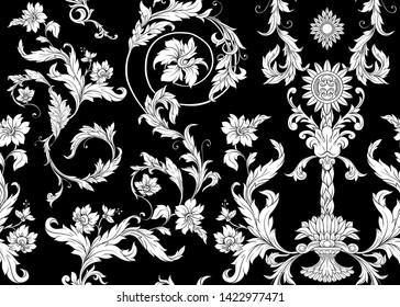 Seamless pattern, background In baroque, rococo, victorian, renaissance style. Trendy frolar vintage pattern.  Black and white graphics. Vector illustration.
