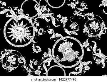Seamless pattern, background In baroque, rococo, victorian, renaissance style. Trendy frolar vintage pattern.  Black and white graphics. Vector illustration.
